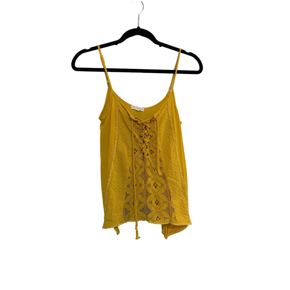 Coco + Jaimeson Yellow Eyelet Lace Up Sharkbite Hem Cami Top Small Boho Mustard